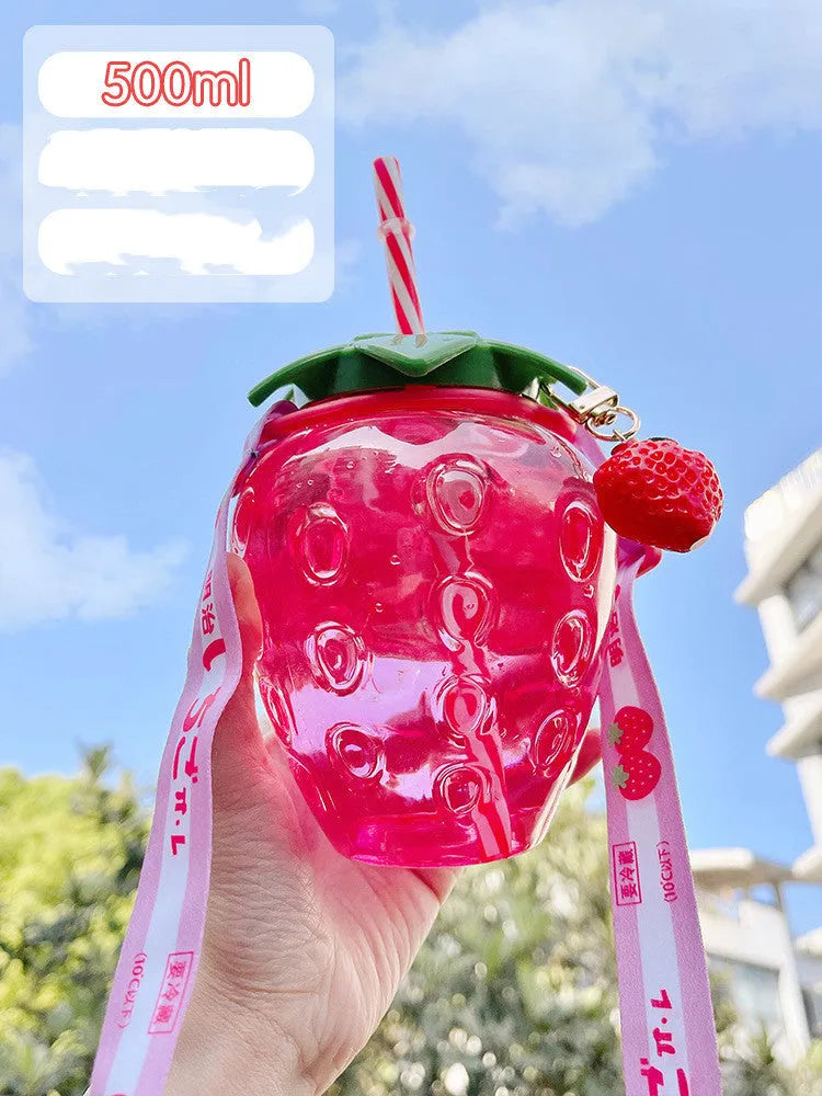 500ml kawaii strawberry-shaped water bottle with straw and pendant on white background