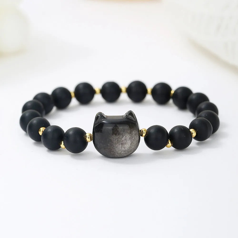 Natural stone cat head charm bracelet in Gray Moonlight colour – hand-strung stone beads on cord