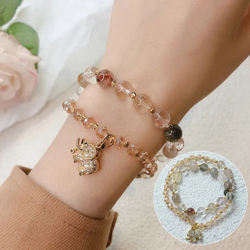 Women's retro colour hair crystal bracelet with strawberry quartz ethnic styling