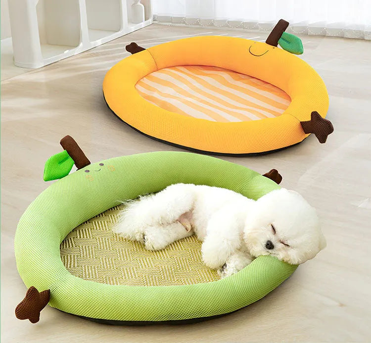 Green fruit backrest pet cooling mat bed for dogs cats with plush fabric