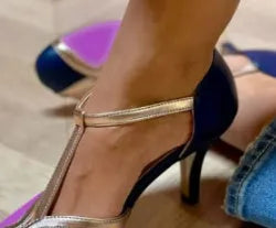 Women's round toe high heel shoes with button fastening in light blue pink, blue rose red, and wine red black colour options.