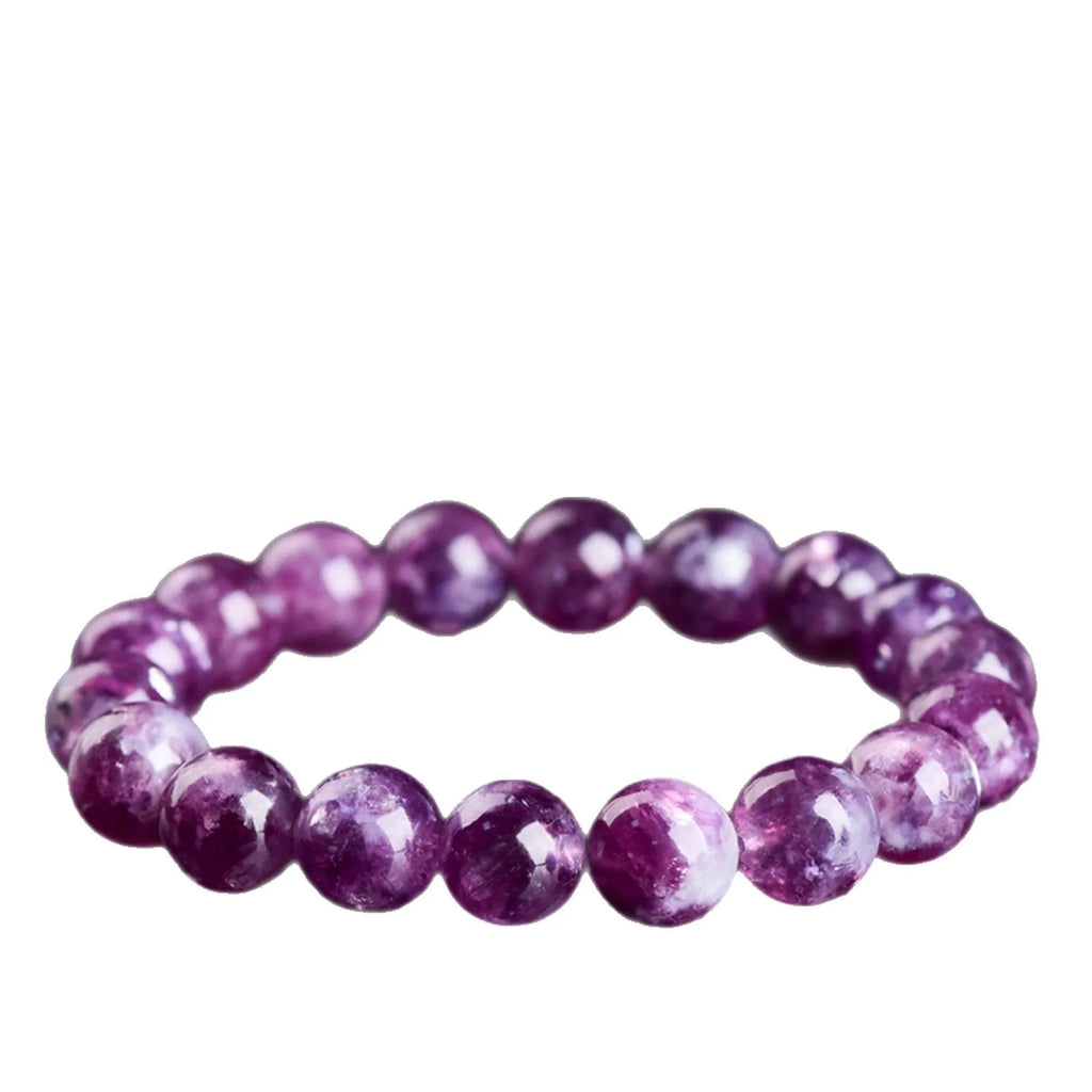 Grandmother Crystal purple bracelet with geometric beads in a single circle on a white background.