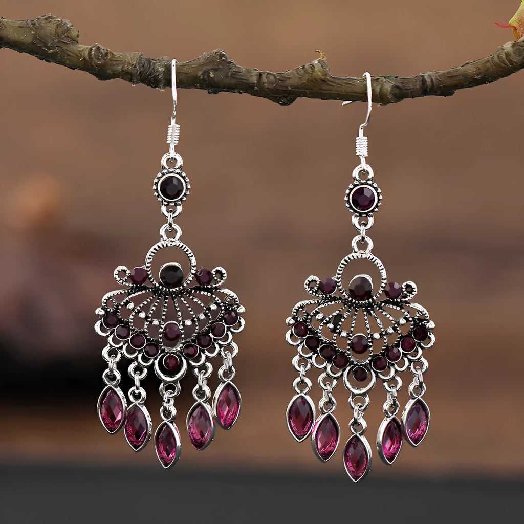 Retro crystal long fringe earrings in drop shape with smart water drop purple colour