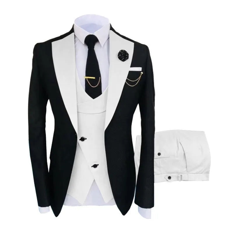 Men's slim fit three-piece business suit in cotton with vest, coat, and trousers