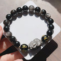 Natural silverstone men's bracelet with zodiac symbols and proverb beads in Chinese style design
