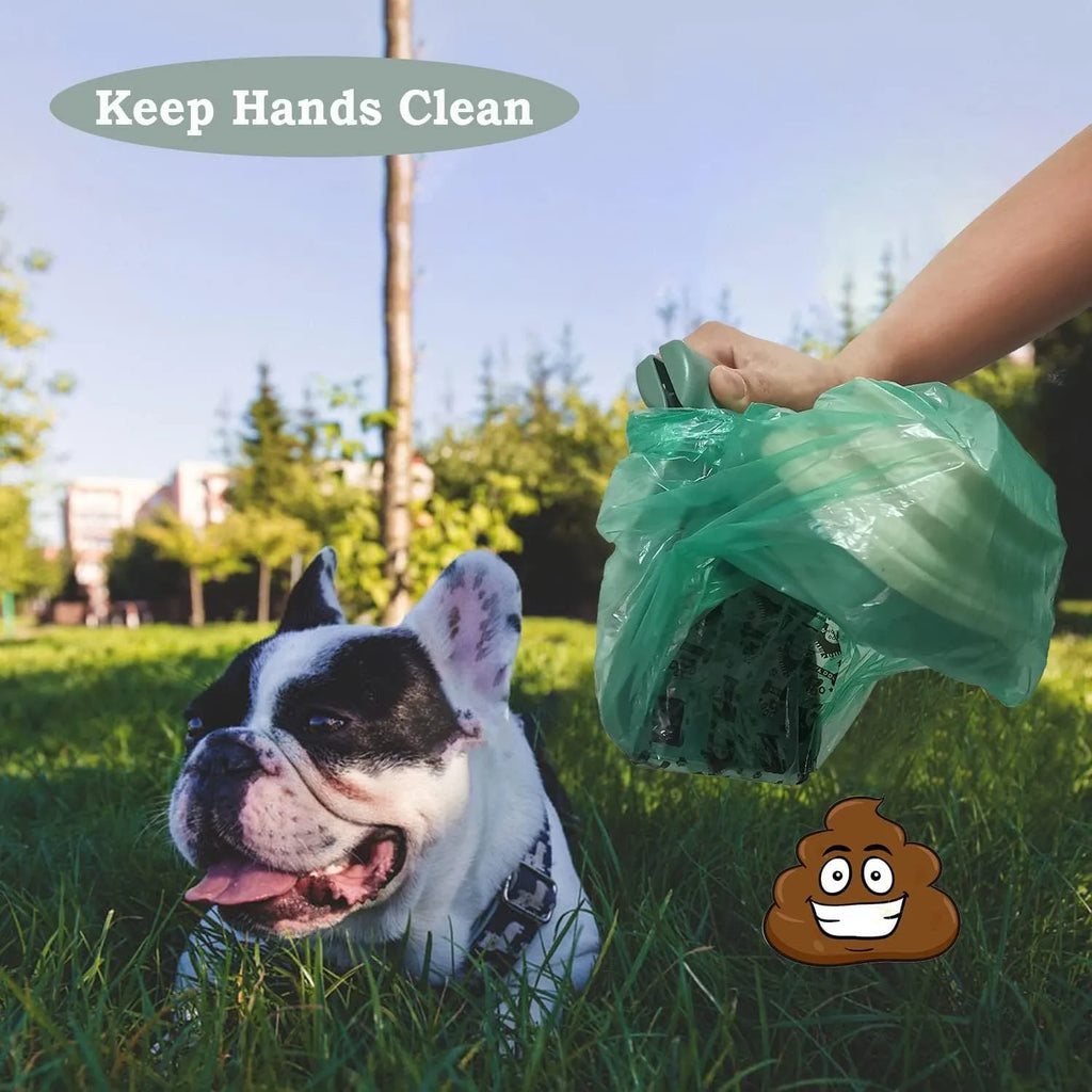 Blue portable pooper scooper with clip, expandable container, and integrated waste bag dispenser for dog waste cleanup.