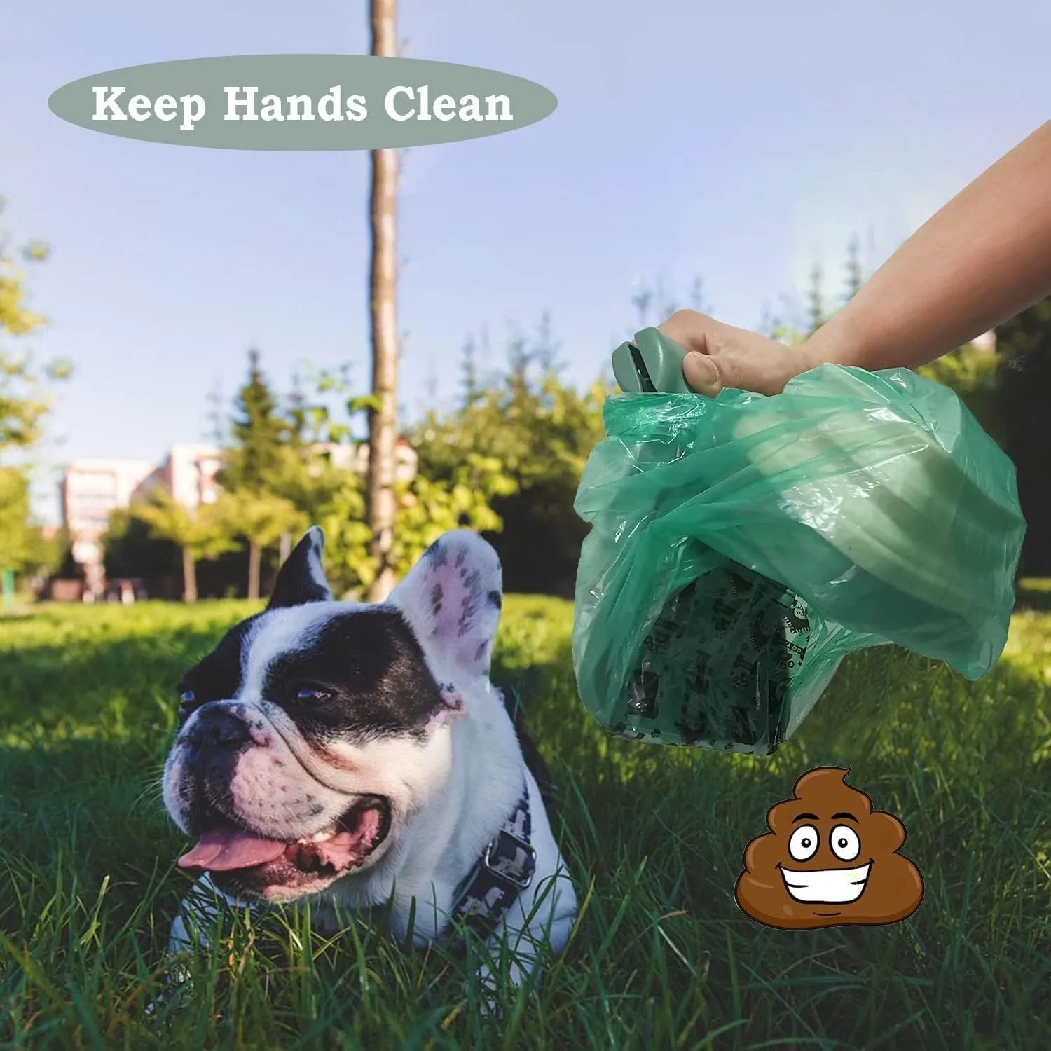 Blue portable pooper scooper with clip, expandable container, and integrated waste bag dispenser for dog waste cleanup.