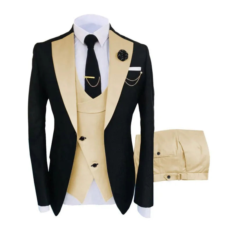 Men's slim fit three-piece business suit in cotton with vest, coat, and trousers
