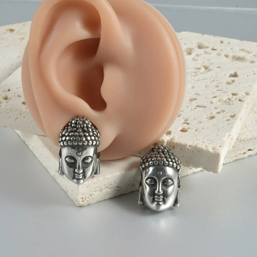 Stainless steel hollow skull Buddha earrings with geometric designs in four electroplated colour finishes