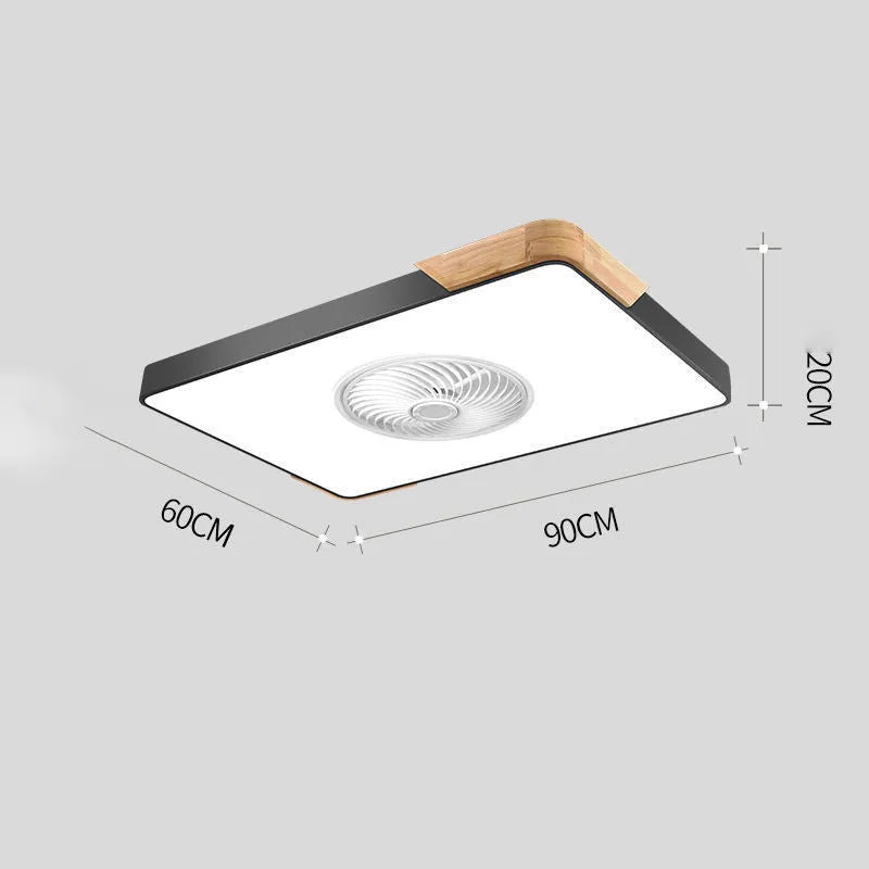 Nordic ceiling fan light with solid wood frame shown in rectangular, round, and square shape options.