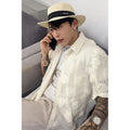 Plus size short sleeve shirt with three-dimensional floral print in milky white