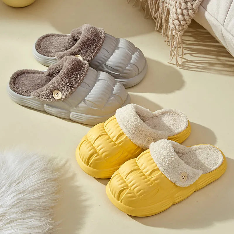 Removable fluffy slippers with EVA upper, non-slip plastic sole, and Velcro fastening in beige
