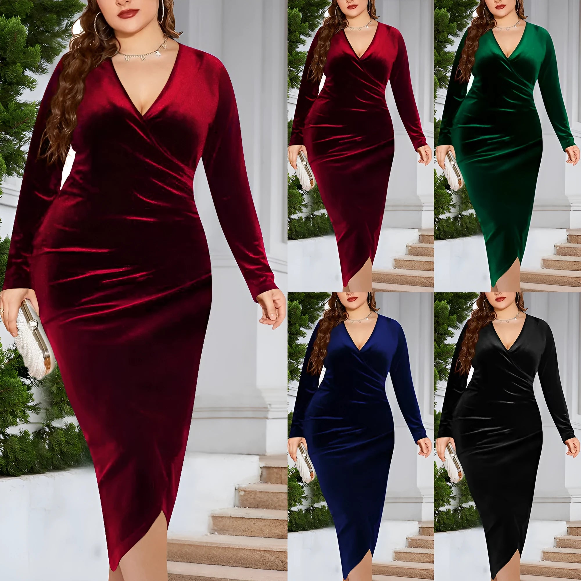 Women's V-neck dress with regular long sleeves in stretch polyester fabric available in four colours