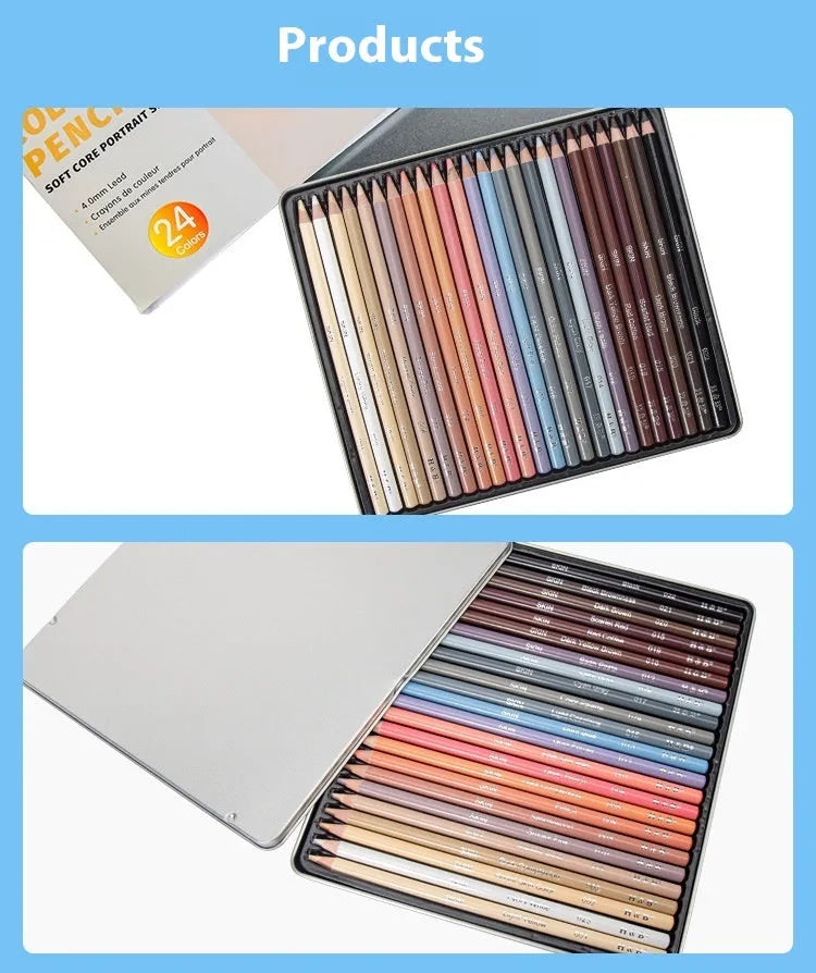 Set of 24 skin tone colour pencils in a round iron art case for portrait drawing.
