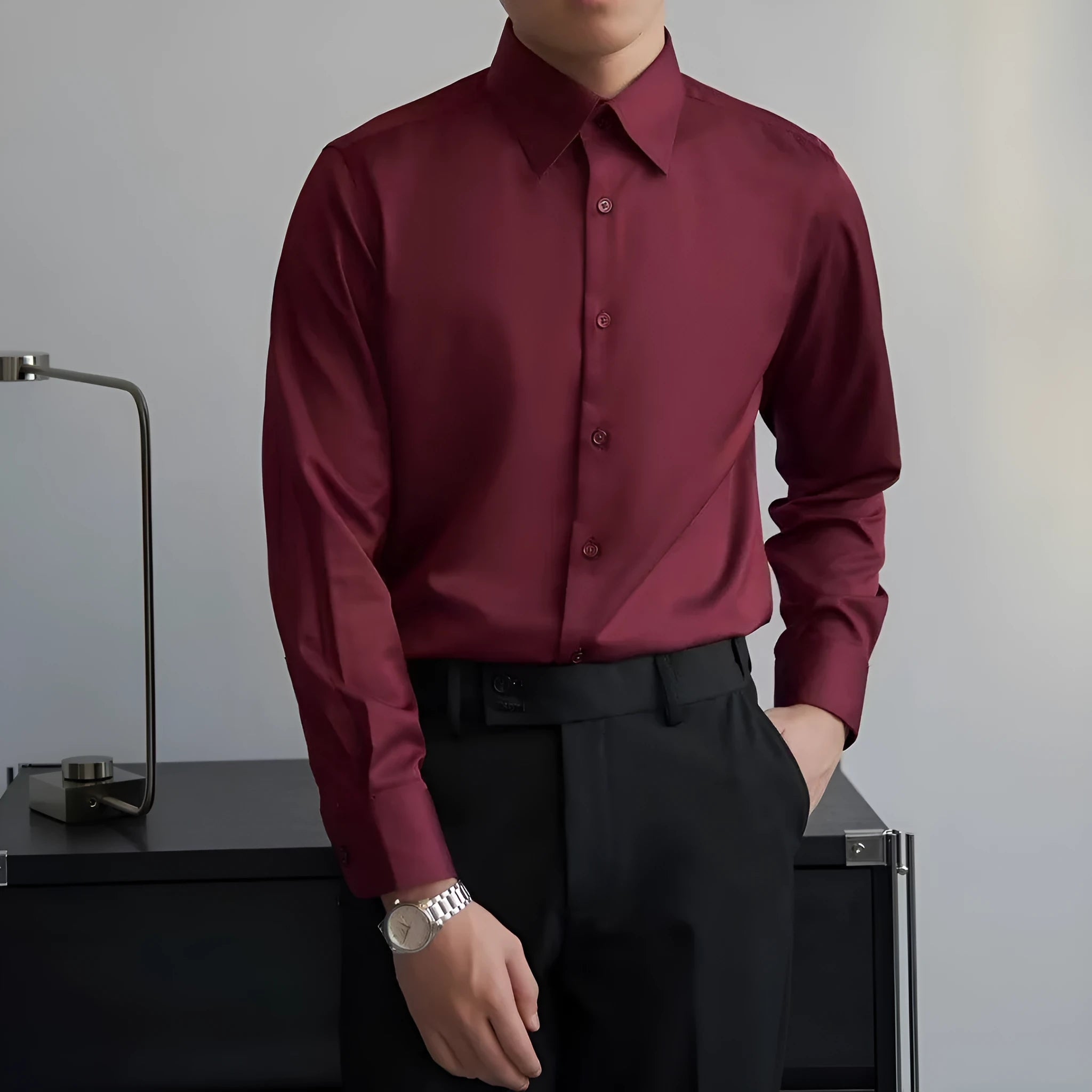 Men's Korean style slim fit long sleeve shirt in black polyester with Japanese retro cardigan design