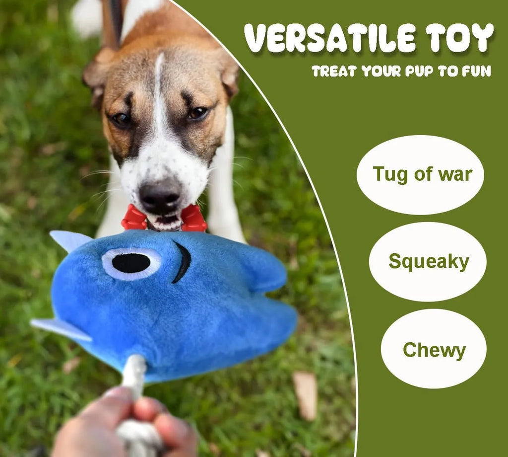 Large blue and green plush dog toy with cotton rope ends and a squeaker inside.
