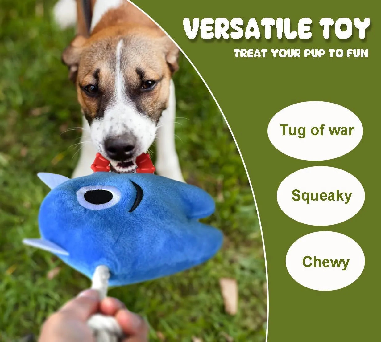 Large blue and green plush dog toy with cotton rope ends and a squeaker inside.