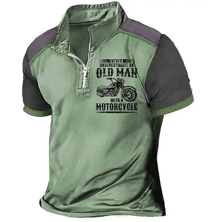Men's casual polo shirt with a lapel collar and digital printed design on the front.