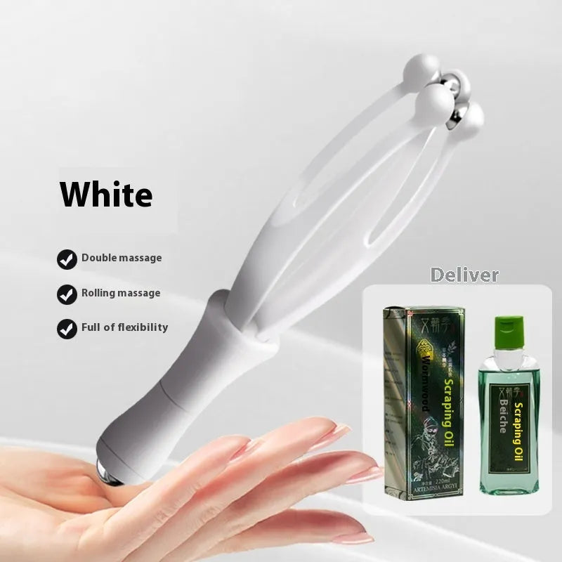 Blue and white finger massager with steel ball rolling mechanism for hand joint care.