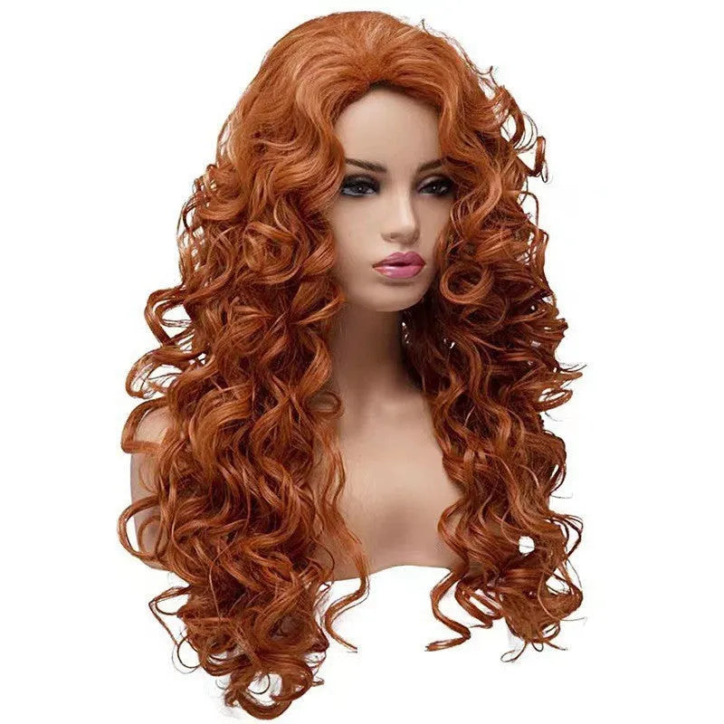 Brown long wavy curly synthetic wig with instant noodles fluffy texture on wig head