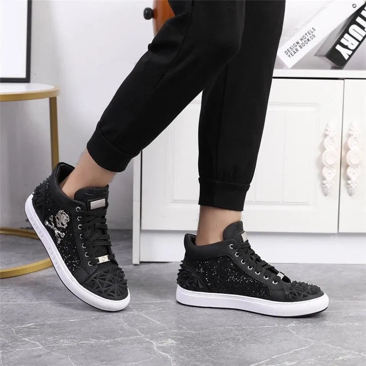 Men's black genuine leather high top skeleton shoes with lace-up front and rubber sole