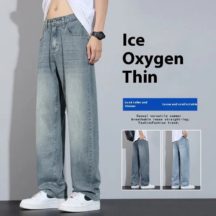 Straight-leg casual trousers in ice silk denim with wide-leg style and zip fly