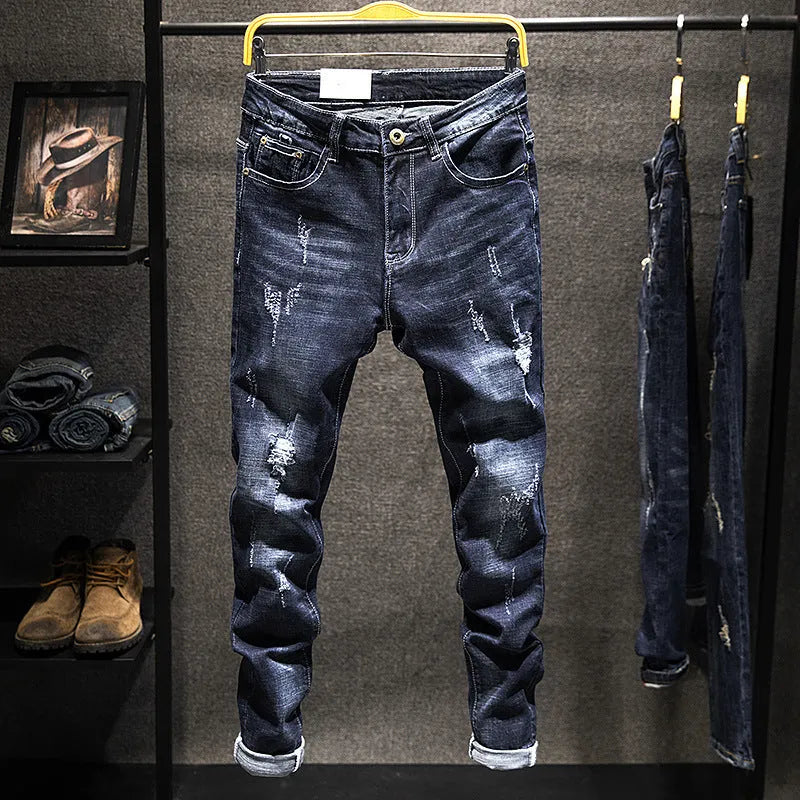 Men's slim-fit skinny jeans in dark blue and light blue cotton denim with micro-elastic fabric