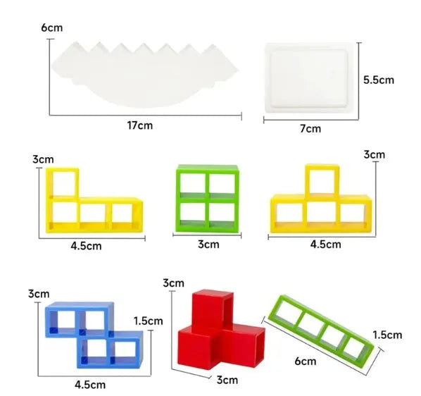Colourful plastic balance stacking game with 16 blocks, chassis and base for family play