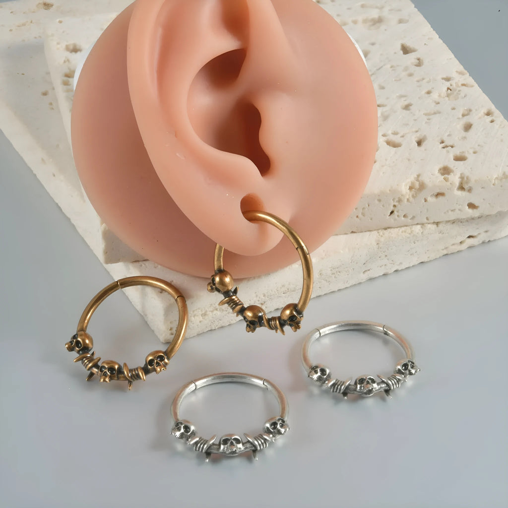 Copper punk earrings with vintage ghost head design in antique silver finish