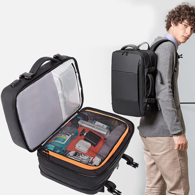 Foldable large capacity business backpack in waterproof Oxford cloth with curved shoulder straps and computer pocket