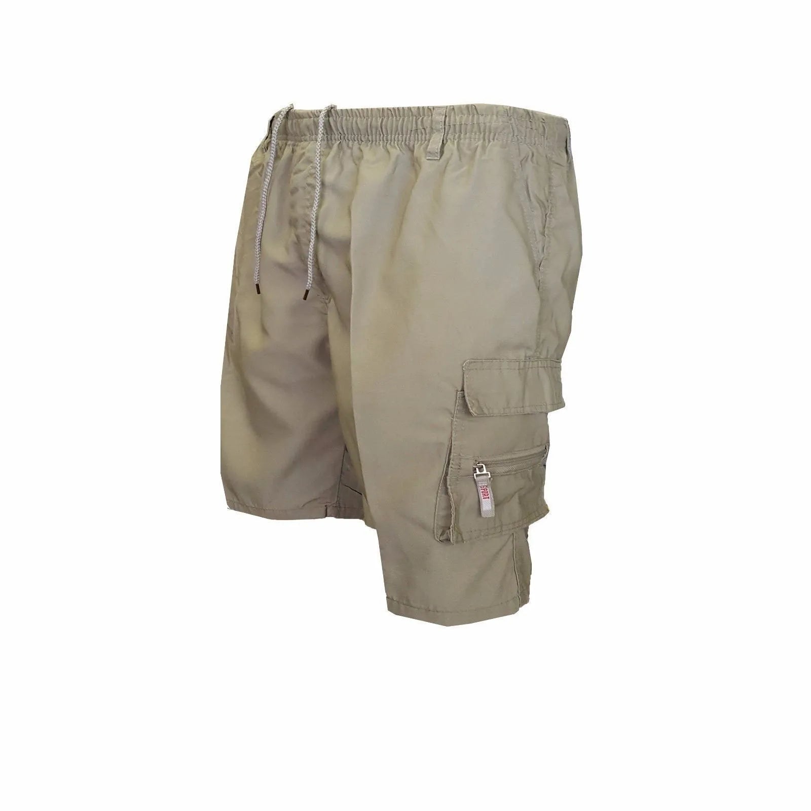 Men's khaki cotton casual shorts with multiple pockets and a drawstring waistband.
