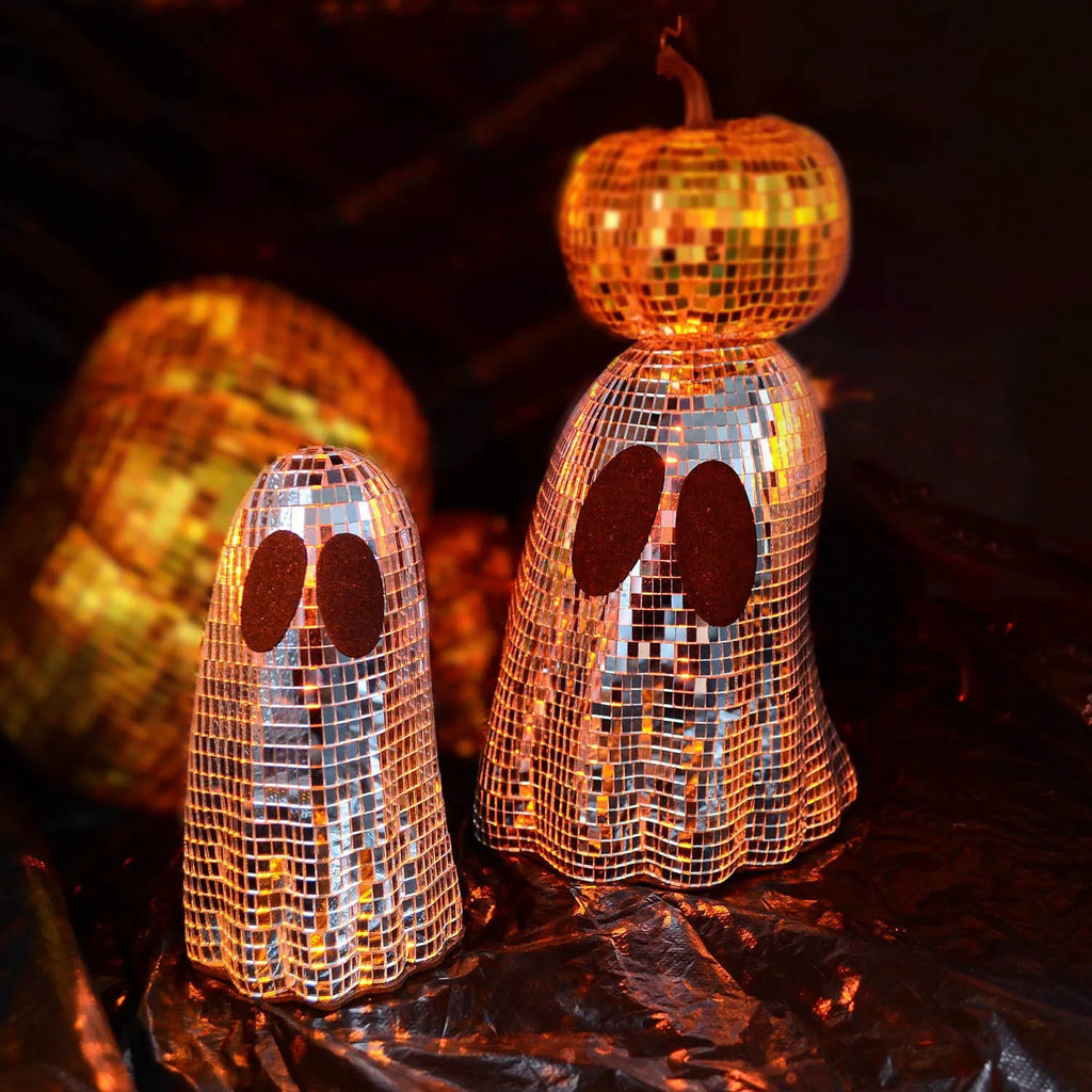 Silver Halloween ghost mosaic decoration made from embroidered glass with detailed inlay patterns