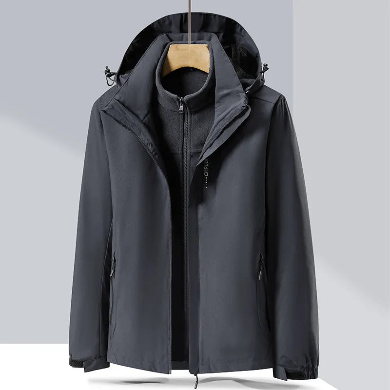 Men's black waterproof mountaineering suit with removable jacket and fleece lining