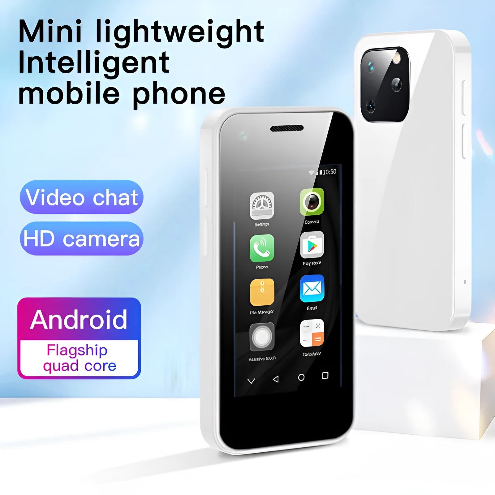 Ultra-small Android smartphone with 2.5-inch screen in Phantom Night Black colour showing compact 84mm height