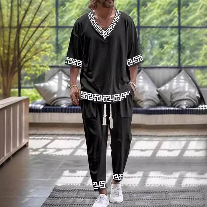 Women's grey polyester trousers suit with a V-neck cropped sleeve jacket