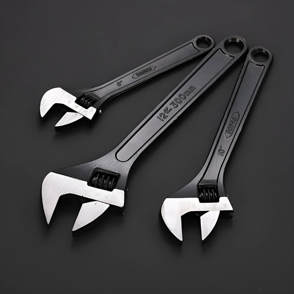 High carbon steel adjustable open-end wrench with black oxidation finish and ergonomic handle