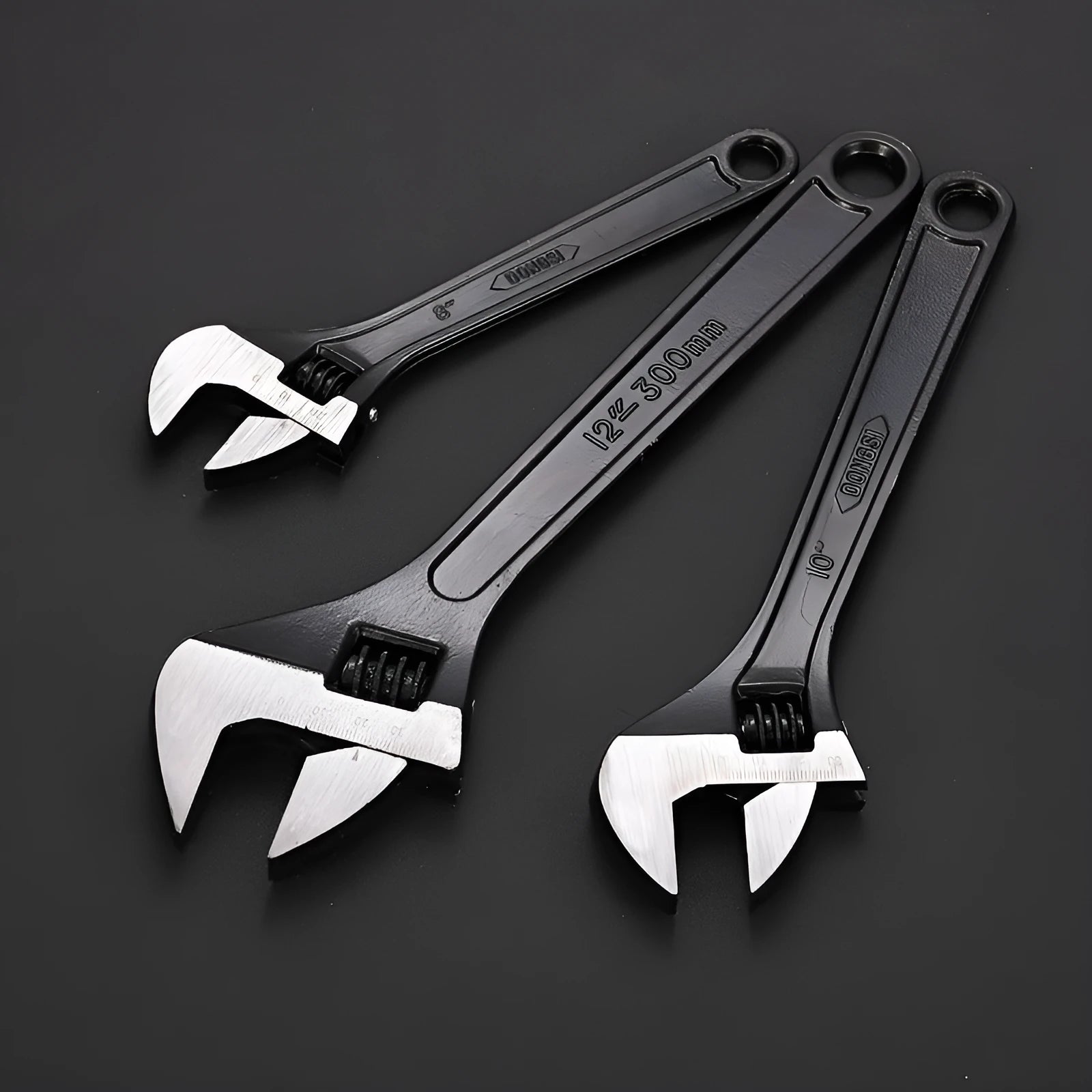 High carbon steel adjustable open-end wrench with black oxidation finish and ergonomic handle