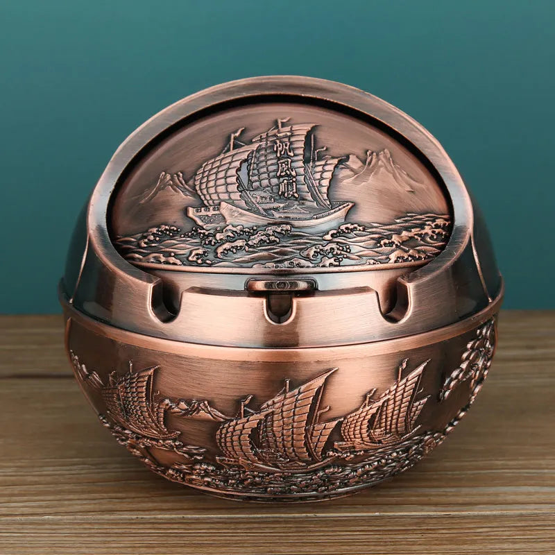 Alloy ashtray with smoke extinguishing slot in bronze finish featuring decorative dragon and phoenix design