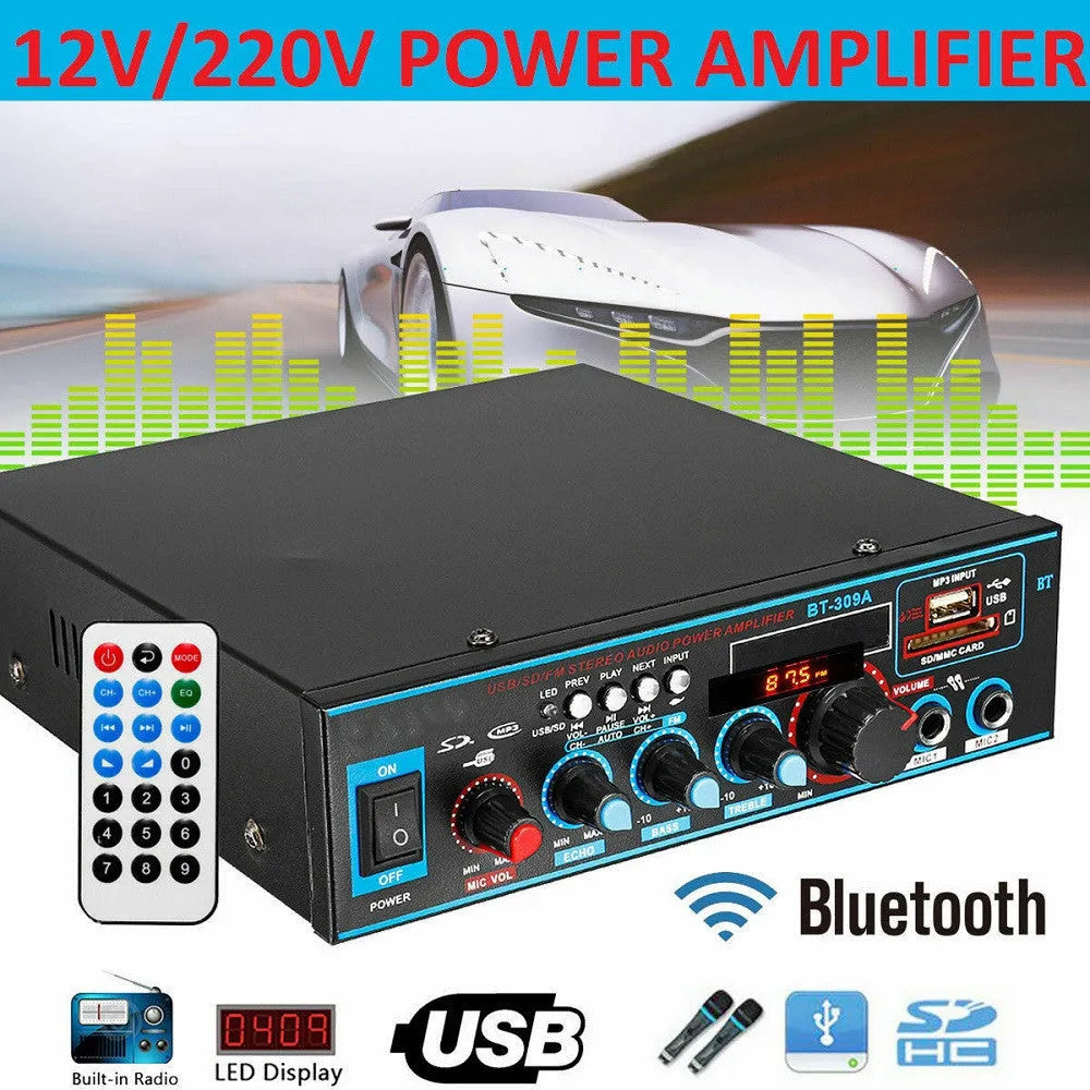 Black BT-309A-A Bluetooth and FM power amplifier with remote control for home or car.