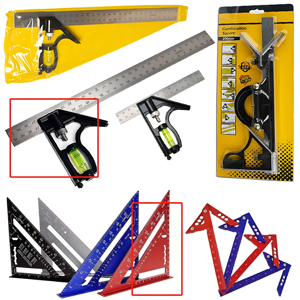 Red thin 7-inch metal combination angle ruler with metric scales on both sides