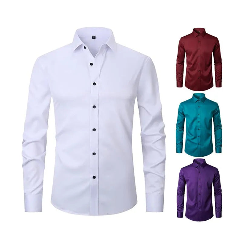 Man wearing a solid colour long sleeve polyester work shirt, showcasing the professional fit and style.