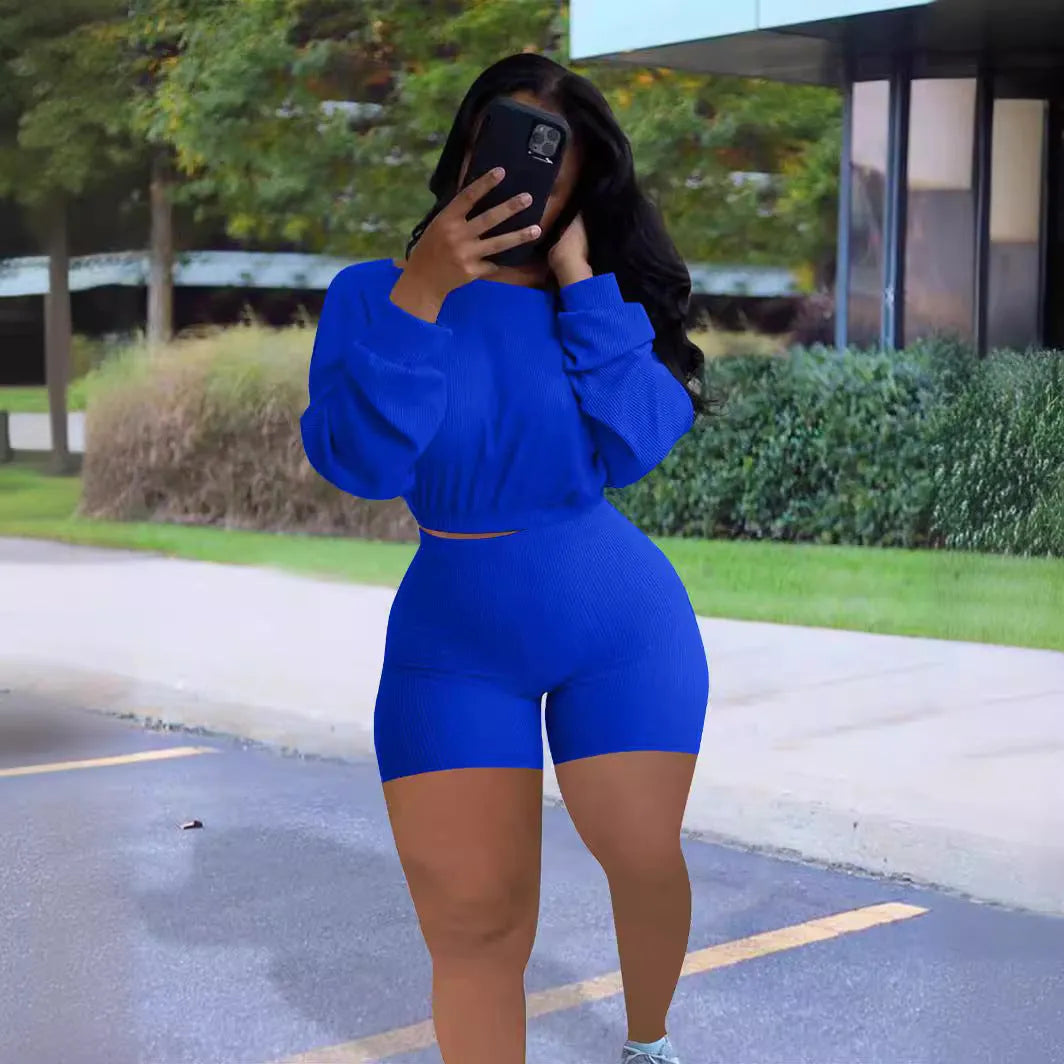 Ladies' solid colour off-the-shoulder long sleeve top and shorts two-piece set