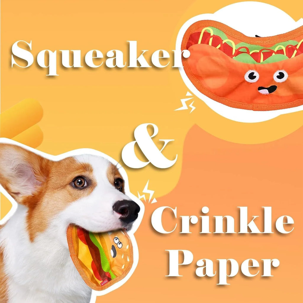 Hamburger-shaped dog chew toy with red, yellow and brown colours showing crinkle and squeak features