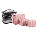 Pink bold stripes makeup bag with floral pattern, synthetic leather waterproof cosmetic organiser with folding design