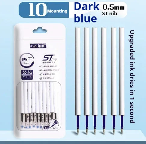Pack of ten quick-drying pen refill cartridges in black, blue, red, and ink blue colours