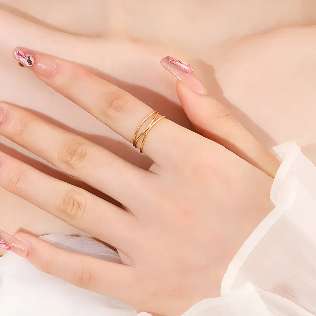 Gold geometric titanium steel ring with three-layer coil design on size chart showing options 5 to 10.