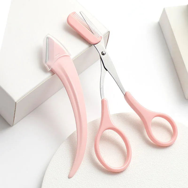 Curved moon eyebrow trimming knife with comb in white and pink colour options