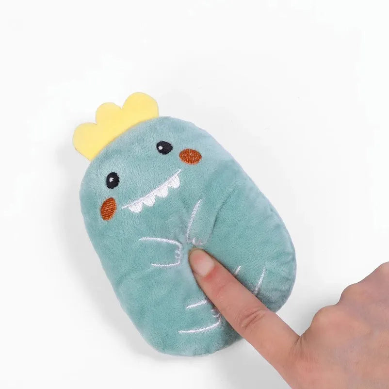 Brown plush cat toy with claw designs for chewing and teeth grinding, filled with catnip.