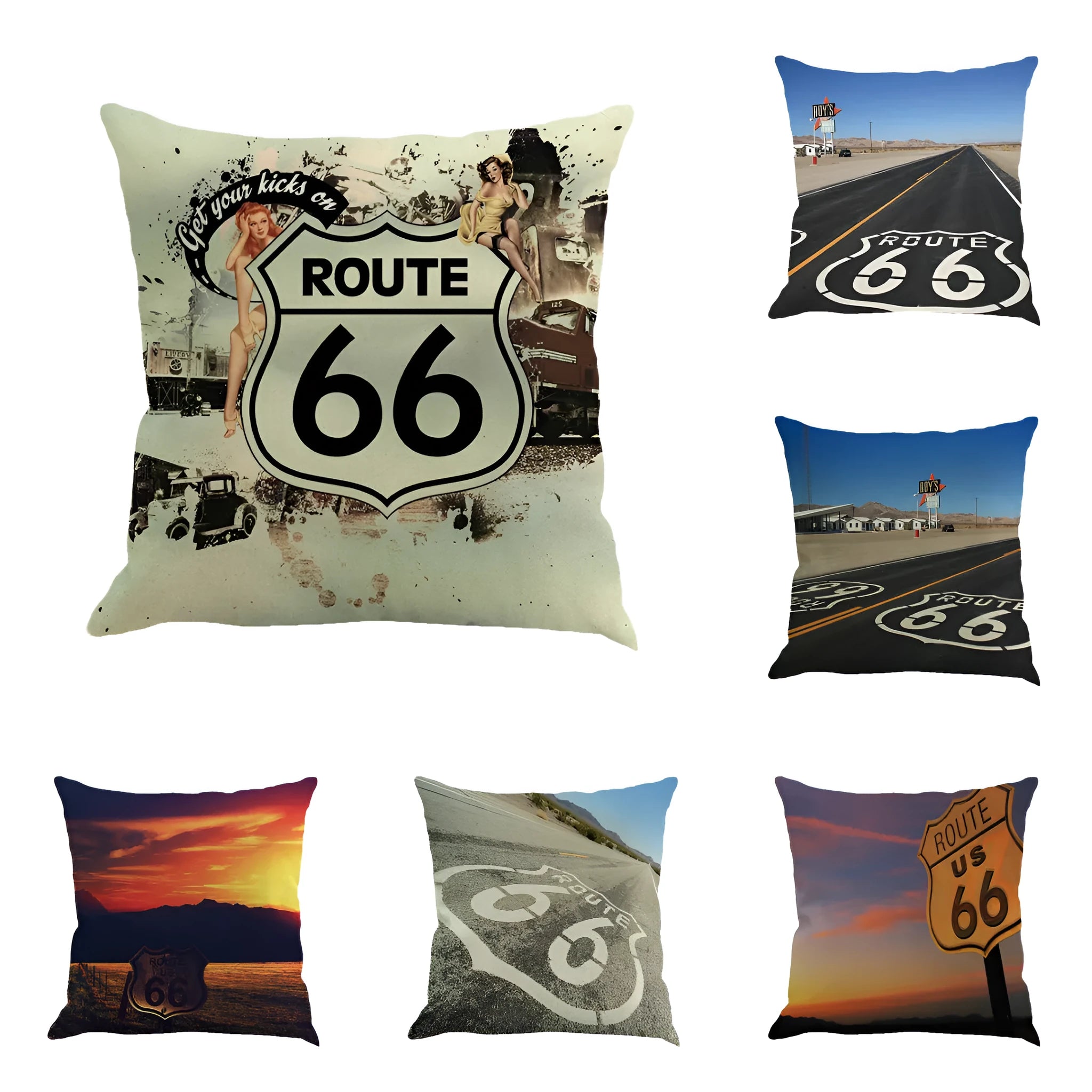 Square linen cushion cover with Route 66 landscape pattern, shown in one of six available colours.