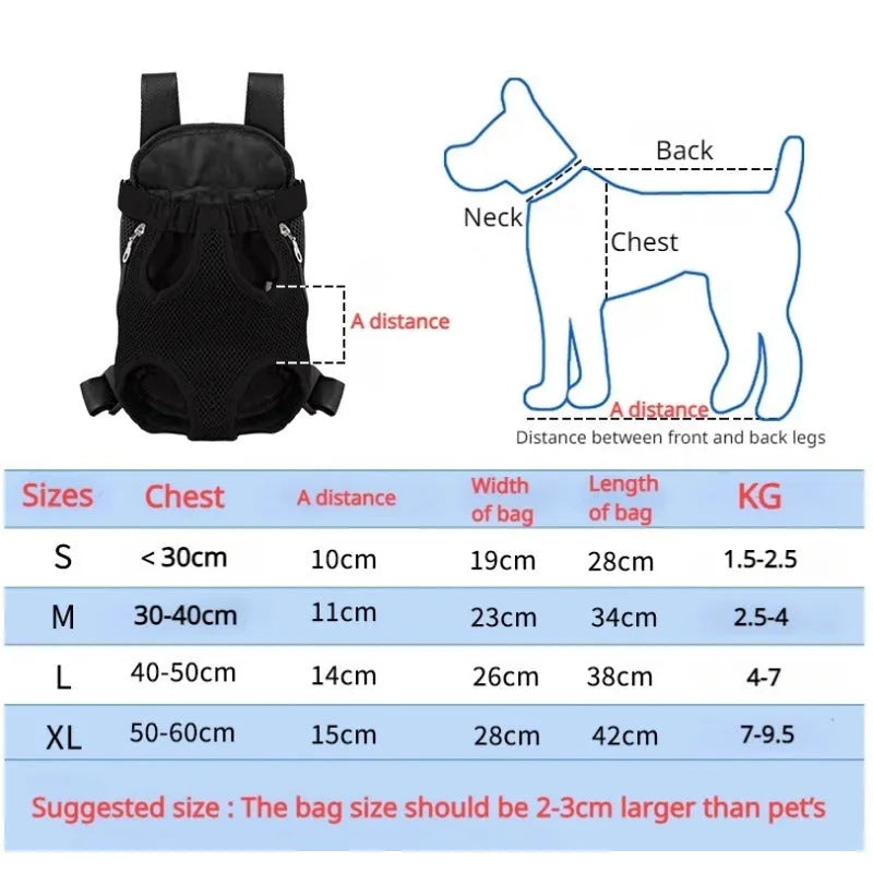 A small dog sitting in a breathable mesh carrier backpack worn on a person's front.